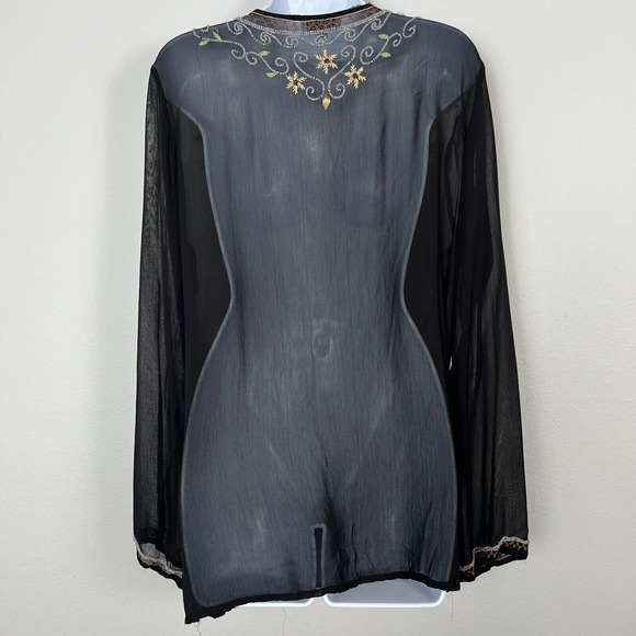 Vintage Womens Y2K Sheer Boho Beaded Embroidered Cover Up Tunic Top Sz M Black - Picture 2 of 11